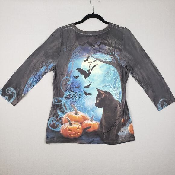 Holiday Traditions Size M Halloween AOP Top Black Cat Pumpkin Bats Spooky Scary - Picture 2 of 9